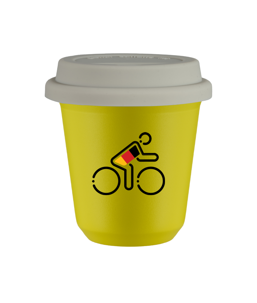 Tasse 150 ml JAUNE "Cycliste aux couleurs allemandes", avec couvercle blanc