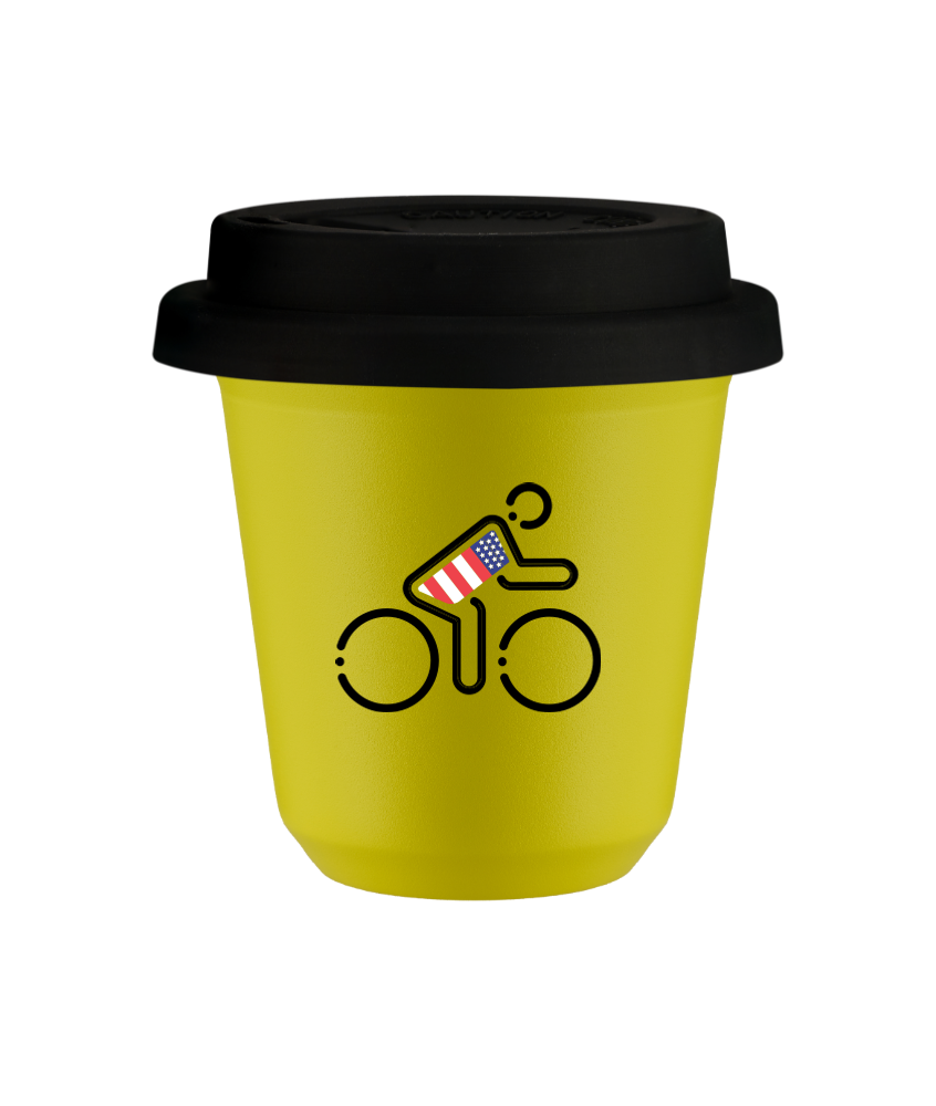 Tasse 150 ml JAUNE "Cycliste aux couleurs britanniques (noir)", avec couvercle noir