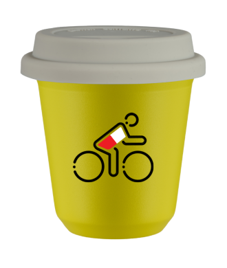 Tasse 150 ml JAUNE "Cycliste aux couleurs polonaises (noir)", avec couvercle blanc Tasse 150 ml JAUNE "Cycliste aux couleurs polonaises (noir)", avec couvercle blanc