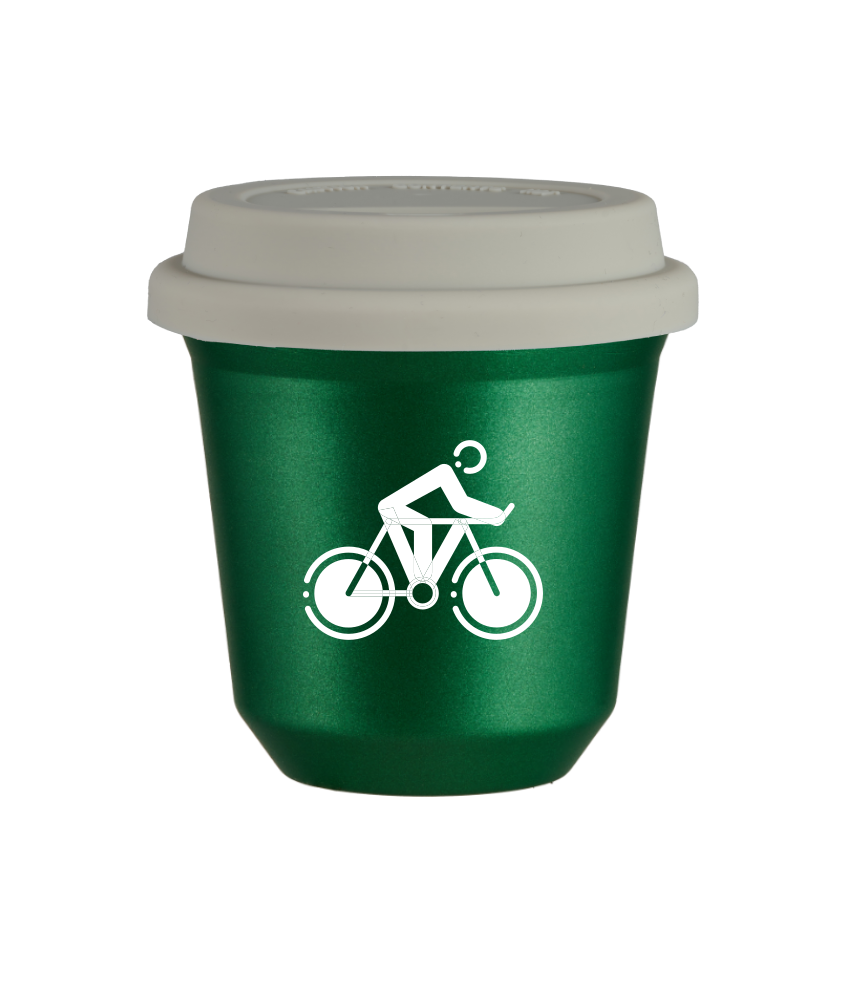 Tasse 80 ml VERT MÉTALLIQUE "Cyclisme 2 (blanc)", avec couvercle blanc