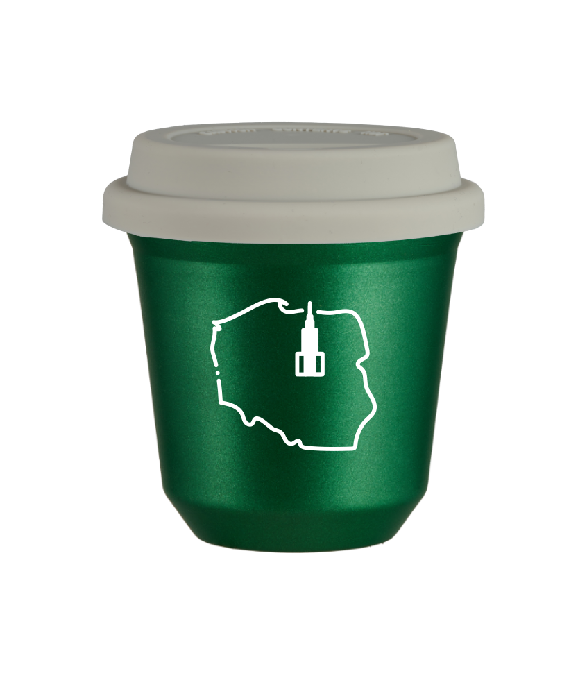 Tasse 80 ml VERT MÉTALLIQUE "Pologne (blanc)", avec couvercle blanc