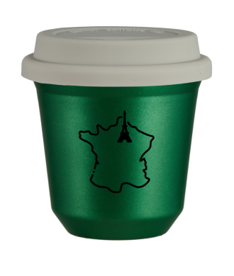 Tasse 80 ml VERT MÉTALLIQUE "France (noir)", avec couvercle blanc Tasse 80 ml VERT MÉTALLIQUE "France (noir)", avec couvercle blanc