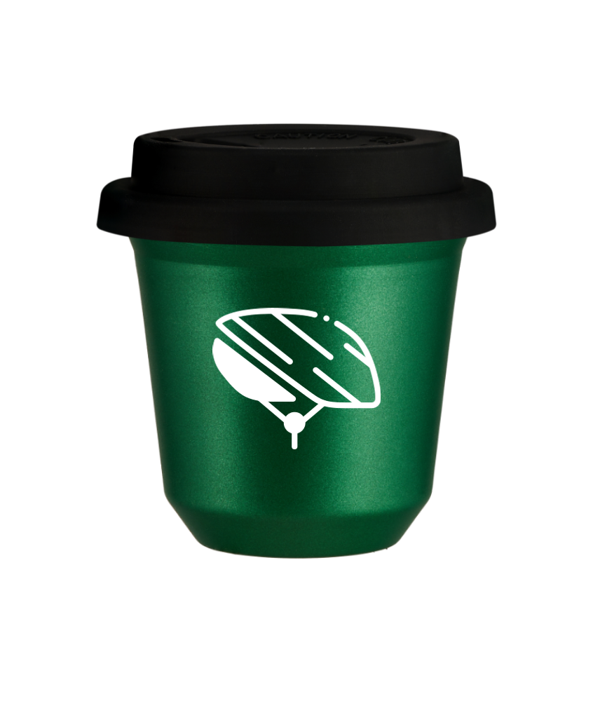 Tasse 80 ml VERT MÉTALLIQUE "Casque (blanc)", avec couvercle noir Tasse 80 ml VERT MÉTALLIQUE "Casque (blanc)", avec couvercle noir