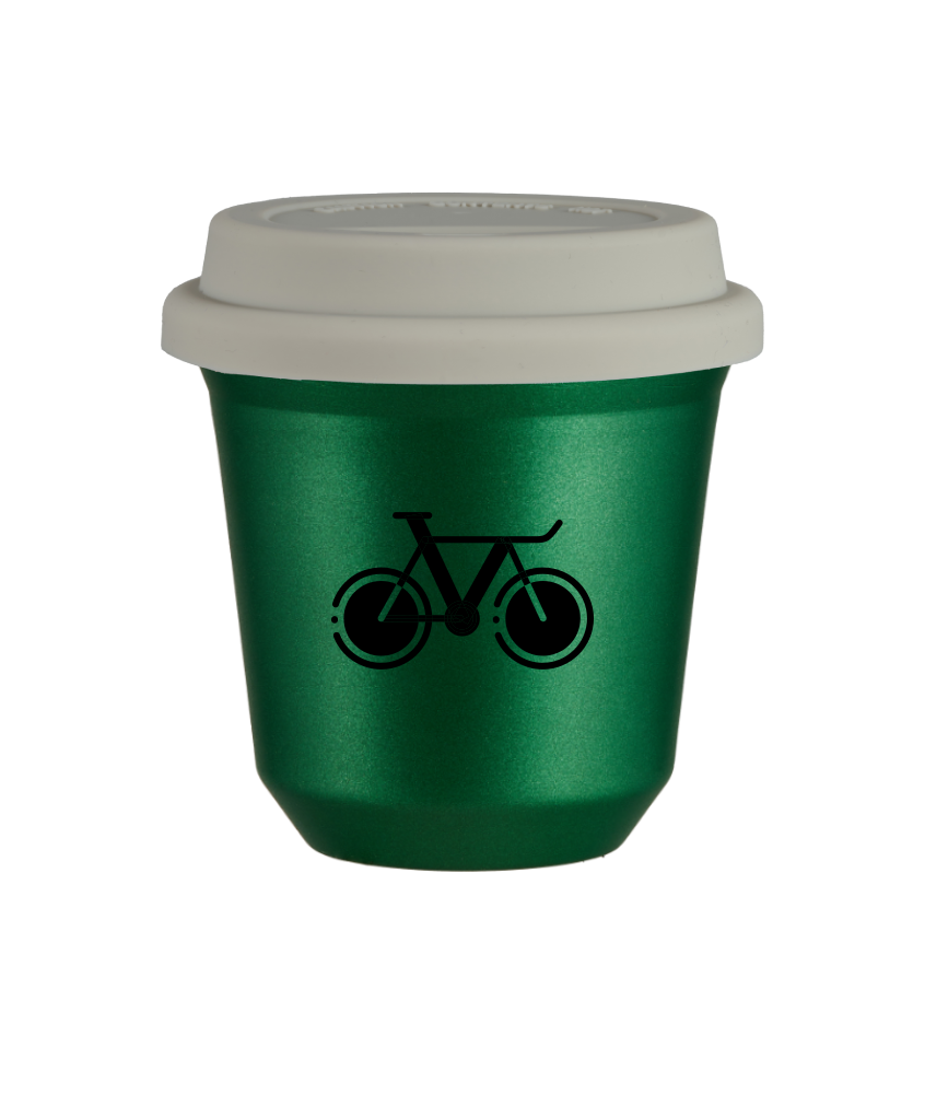 Tasse 80 ml VERT MÉTALLIQUE "Vélo 1 (noir)", avec couvercle blanc