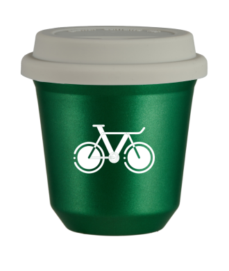 Tasse 80 ml VERT MÉTALLIQUE "Vélo 1 (blanc)", avec couvercle blanc Tasse 80 ml VERT MÉTALLIQUE "Vélo 1 (blanc)", avec couvercle blanc
