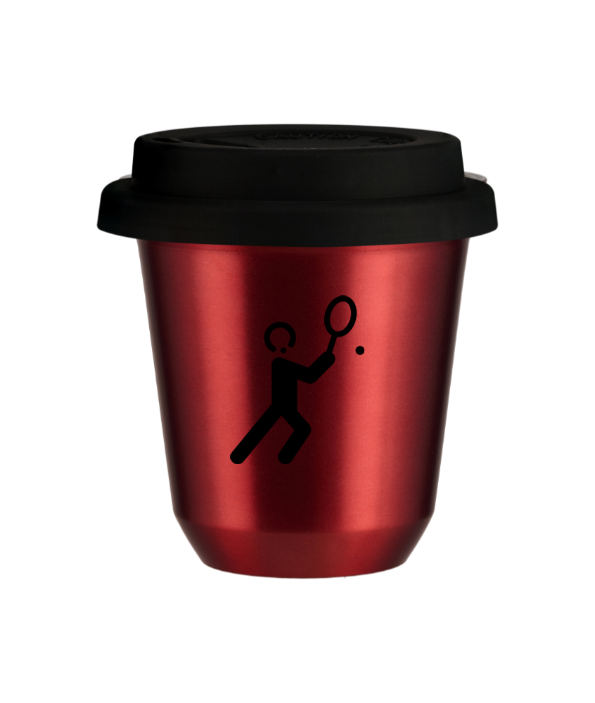 Tasse 80 ml ROUGE MÉTALLIQUE "Tennis 1", avec couvercle noir