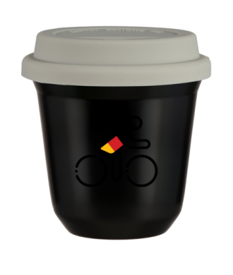 Tasse 80 ml NOIR "Cycliste aux couleurs allemandes", avec couvercle blanc Tasse 80 ml NOIR "Cycliste aux couleurs allemandes", avec couvercle blanc
