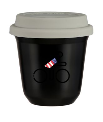 Tasse 80 ml NOIR "Cycliste aux couleurs britanniques", avec couvercle blanc Tasse 80 ml NOIR "Cycliste aux couleurs britanniques", avec couvercle blanc