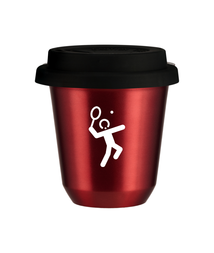 Tasse 80 ml ROUGE MÉTALLIQUE "Tennis 2 (blanc)", avec couvercle noir