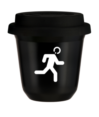 Tasse 80 ml NOIR "Coureur (blanc)", avec couvercle noir Tasse 80 ml NOIR "Coureur (blanc)", avec couvercle noir
