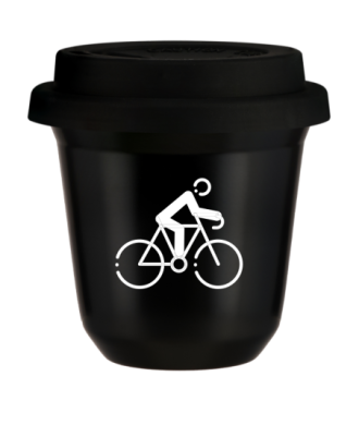 Tasse 80 ml NOIR "Cyclisme 3 (blanc)", avec couvercle noir Tasse 80 ml NOIR "Cyclisme 3 (blanc)", avec couvercle noir