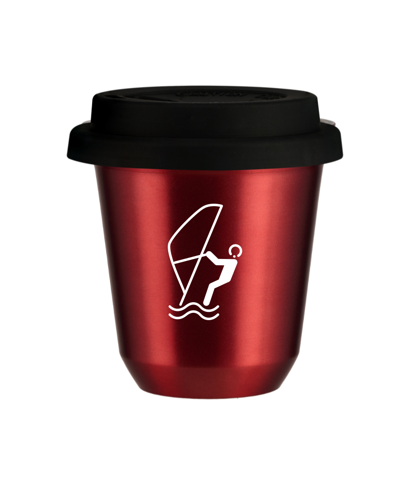 Tasse 80 ml ROUGE MÉTALLIQUE "Sports nautiques (blanc)", avec couvercle noir