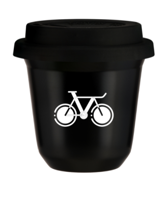 Tasse 80 ml NOIR "Vélo 1 (blanc)", avec couvercle noir Tasse 80 ml NOIR "Vélo 1 (blanc)", avec couvercle noir