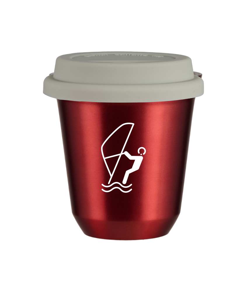 Tasse 80 ml ROUGE MÉTALLIQUE "Sports nautiques (blanc)", avec couvercle blanc