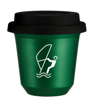 Tasse 80 ml VERT MÉTALLIQUE "Sports nautiques (blanc)", avec couvercle noir Tasse 80 ml VERT MÉTALLIQUE "Sports nautiques (blanc)", avec couvercle noir