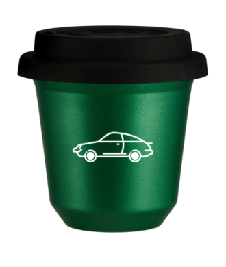 Tasse 80 ml VERT MÉTALLIQUE "Voiture (blanc)", avec couvercle noir Tasse 80 ml VERT MÉTALLIQUE "Voiture (blanc)", avec couvercle noir