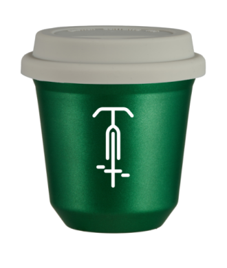 Tasse 80 ml VERT MÉTALLIQUE "Cyclisme 1 (blanc)", avec couvercle blanc Tasse 80 ml VERT MÉTALLIQUE "Cyclisme 1 (blanc)", avec couvercle blanc