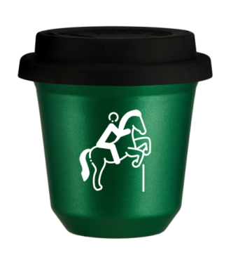 Tasse 80 ml VERT MÉTALLIQUE "Équitation 1 (blanc)", avec couvercle noir Tasse 80 ml VERT MÉTALLIQUE "Équitation 1 (blanc)", avec couvercle noir