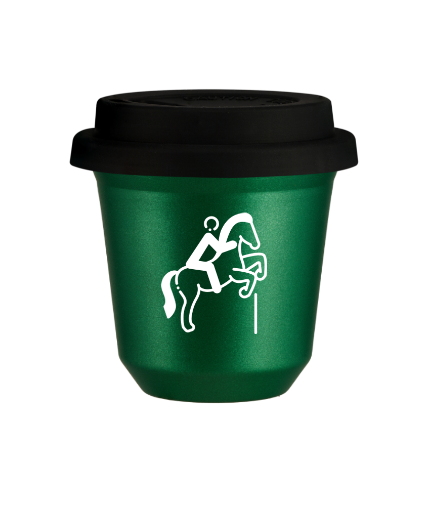 Tasse 80 ml VERT MÉTALLIQUE "Équitation 1 (blanc)", avec couvercle noir Tasse 80 ml VERT MÉTALLIQUE "Équitation 1 (blanc)", avec couvercle noir