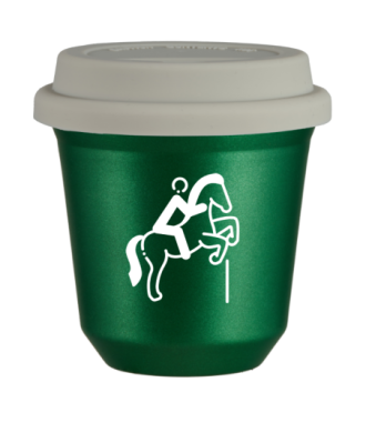 Tasse 80 ml VERT MÉTALLIQUE "Équitation 1 (blanc)", avec couvercle blanc Tasse 80 ml VERT MÉTALLIQUE "Équitation 1 (blanc)", avec couvercle blanc