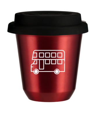 Tasse 80 ml ROUGE MÉTALLIQUE "Bus (blanc)", avec couvercle noir Tasse 80 ml ROUGE MÉTALLIQUE "Bus (blanc)", avec couvercle noir