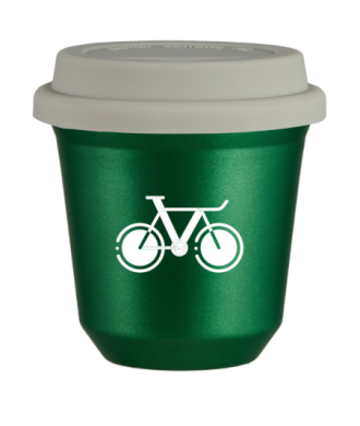 Tasse 80 ml VERT MÉTALLIQUE "Vélo 1 (blanc)", avec couvercle blanc Tasse 80 ml VERT MÉTALLIQUE "Vélo 1 (blanc)", avec couvercle blanc