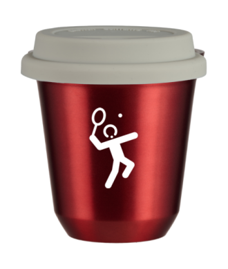 Tasse 80 ml ROUGE MÉTALLIQUE "Tennis 2 (blanc)", avec couvercle blanc Tasse 80 ml ROUGE MÉTALLIQUE "Tennis 2 (blanc)", avec couvercle blanc