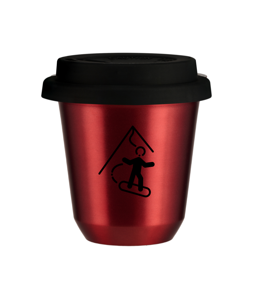 Tasse 80 ml ROUGE MÉTALLIQUE "Snowboard", avec couvercle noir