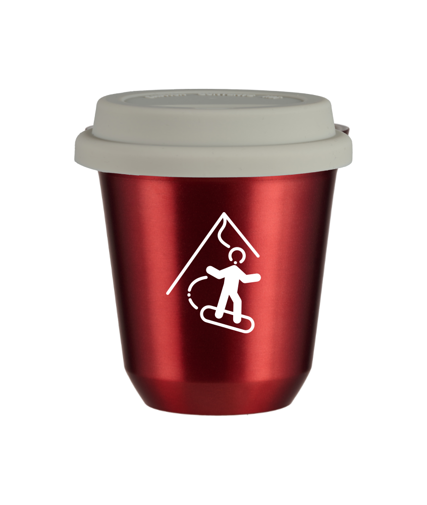 Tasse 80 ml ROUGE MÉTALLIQUE "Snowboard (blanc)", avec couvercle blanc