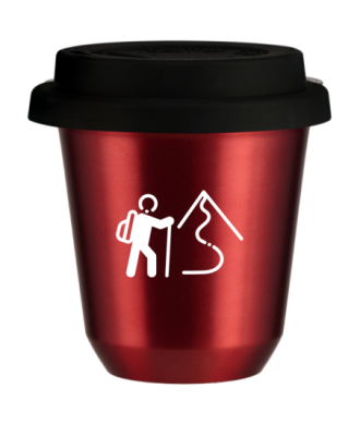 Tasse 80 ml ROUGE MÉTALLIQUE "Escalade 2 (blanc)", avec couvercle noir Tasse 80 ml ROUGE MÉTALLIQUE "Escalade 2 (blanc)", avec couvercle noir