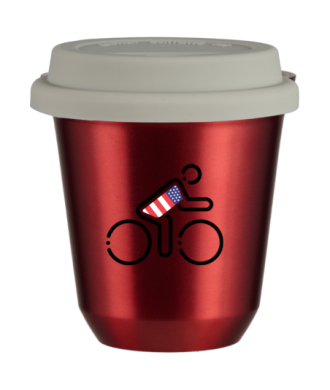 Tasse 80 ml ROUGE MÉTALLIQUE "Cycliste aux couleurs britanniques (noir)", avec couvercle blanc Tasse 80 ml ROUGE MÉTALLIQUE "Cycliste aux couleurs britanniques (noir)", avec couvercle blanc