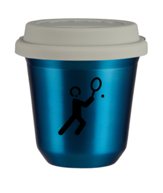 Tasse 80 ml BLEU MÉTALLIQUE "Tennis 1", avec couvercle blanc Tasse 80 ml BLEU MÉTALLIQUE "Tennis 1", avec couvercle blanc