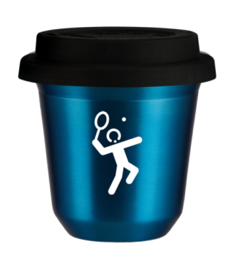 Tasse 80 ml BLEU MÉTALLIQUE "Tennis 2 (blanc)", avec couvercle noir Tasse 80 ml BLEU MÉTALLIQUE "Tennis 2 (blanc)", avec couvercle noir