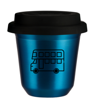 Tasse 80 ml BLEU MÉTALLIQUE "Bus (noir)", avec couvercle noir Tasse 80 ml BLEU MÉTALLIQUE "Bus (noir)", avec couvercle noir