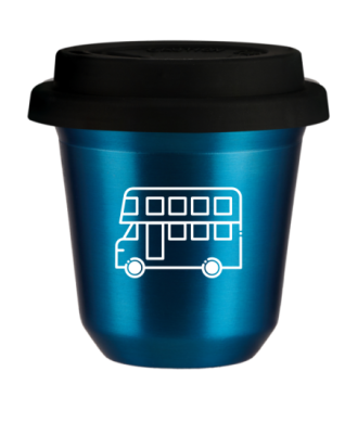 Tasse 80 ml BLEU MÉTALLIQUE "Bus (blanc)", avec couvercle noir Tasse 80 ml BLEU MÉTALLIQUE "Bus (blanc)", avec couvercle noir