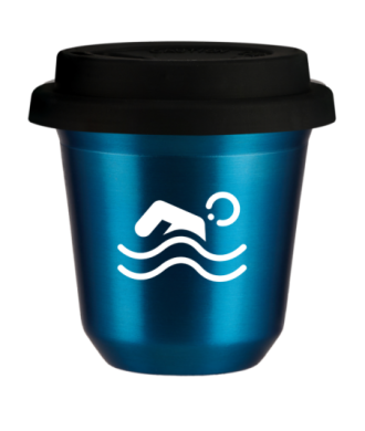 Tasse 80 ml BLEU MÉTALLIQUE "Natation (blanc)", avec couvercle noir Tasse 80 ml BLEU MÉTALLIQUE "Natation (blanc)", avec couvercle noir
