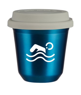 Tasse 80 ml BLEU MÉTALLIQUE "Natation (blanc)", avec couvercle blanc Tasse 80 ml BLEU MÉTALLIQUE "Natation (blanc)", avec couvercle blanc