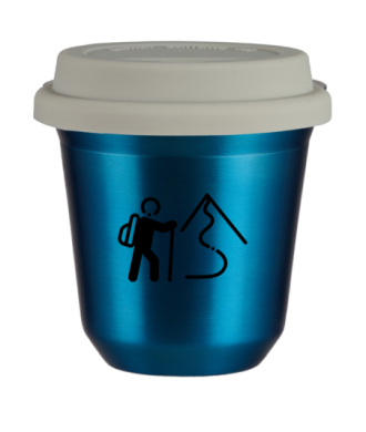 Tasse 80 ml BLEU MÉTALLIQUE "Escalade 2 (noir)", avec couvercle blanc Tasse 80 ml BLEU MÉTALLIQUE "Escalade 2 (noir)", avec couvercle blanc