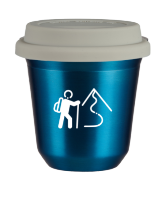 Tasse 80 ml BLEU MÉTALLIQUE "Escalade 2 (blanc)", avec couvercle blanc Tasse 80 ml BLEU MÉTALLIQUE "Escalade 2 (blanc)", avec couvercle blanc