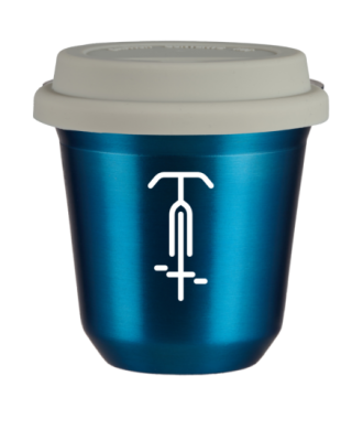 Tasse 80 ml BLEU MÉTALLIQUE "Cyclisme 1 (blanc)", avec couvercle blanc Tasse 80 ml BLEU MÉTALLIQUE "Cyclisme 1 (blanc)", avec couvercle blanc