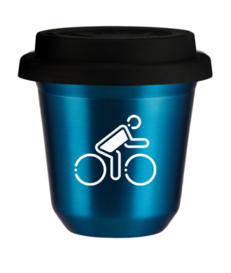 Tasse 80 ml BLEU MÉTALLIQUE "Cycliste aux couleurs allemandes (blanc)", avec couvercle noir Tasse 80 ml BLEU MÉTALLIQUE "Cycliste aux couleurs allemandes (blanc)", avec couvercle noir