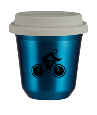 Tasse 80 ml BLEU MÉTALLIQUE "Cyclisme 2", avec couvercle blanc Tasse 80 ml BLEU MÉTALLIQUE "Cyclisme 2", avec couvercle blanc