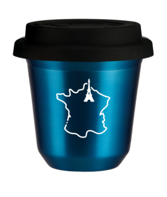 Tasse 80 ml BLEU MÉTALLIQUE "France (blanc)", avec couvercle noir Tasse 80 ml BLEU MÉTALLIQUE "France (blanc)", avec couvercle noir