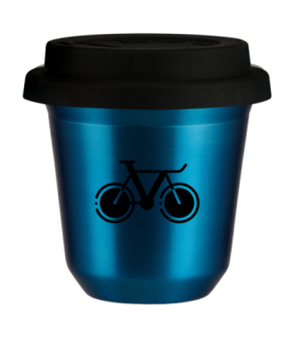 Tasse 80 ml BLEU MÉTALLIQUE "Vélo 1 (noir)", avec couvercle noir Tasse 80 ml BLEU MÉTALLIQUE "Vélo 1 (noir)", avec couvercle noir