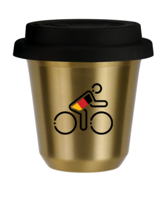 Tasse 80 ml OR "Cycliste aux couleurs allemandes", avec couvercle noir Tasse 80 ml OR "Cycliste aux couleurs allemandes", avec couvercle noir