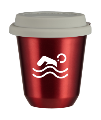 Tasse 80 ml ROUGE MÉTALLIQUE "Natation (blanc)", avec couvercle blanc Tasse 80 ml ROUGE MÉTALLIQUE "Natation (blanc)", avec couvercle blanc