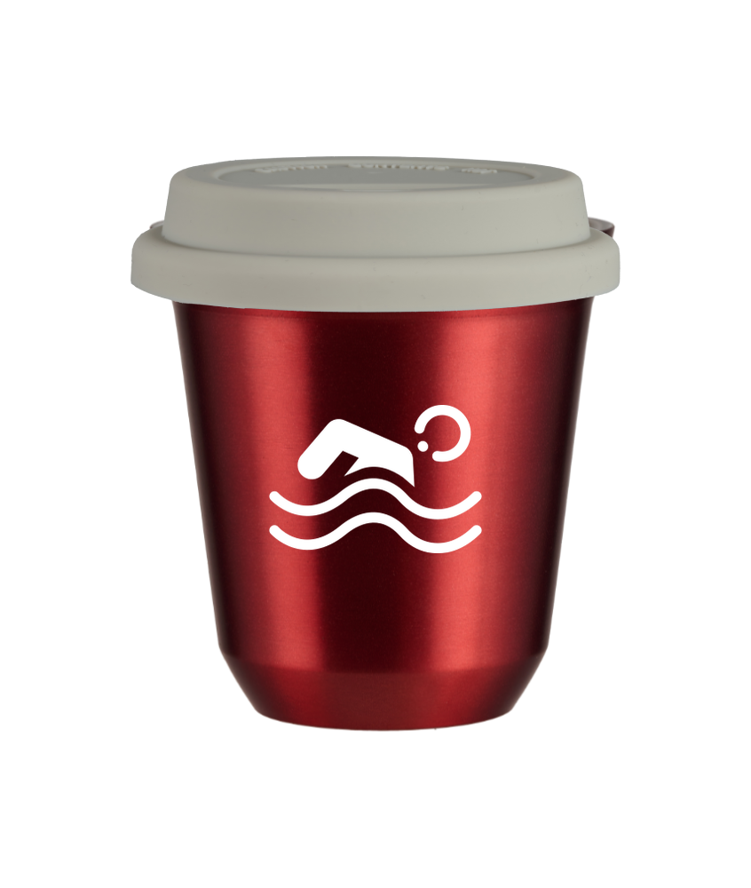 Tasse 80 ml ROUGE MÉTALLIQUE "Natation (blanc)", avec couvercle blanc