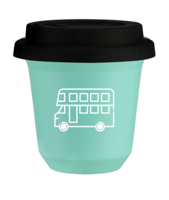 Tasse 80 ml TURQUOISE "Bus (blanc)", avec couvercle noir Tasse 80 ml TURQUOISE "Bus (blanc)", avec couvercle noir