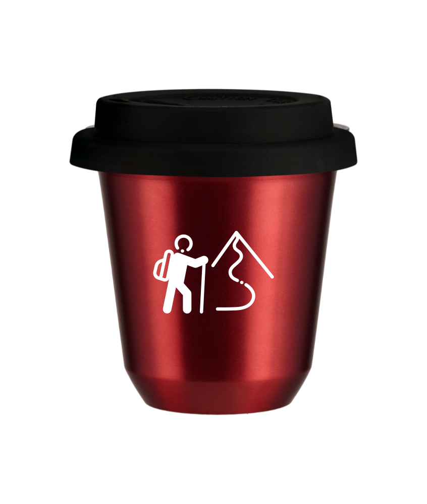 Tasse 80 ml ROUGE MÉTALLIQUE "Escalade 2 (blanc)", avec couvercle noir