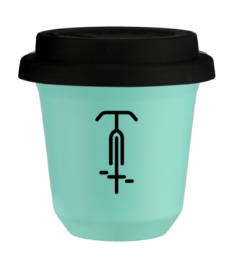 Tasse 80 ml TURQUOISE "Cyclisme 1", avec couvercle noir Tasse 80 ml TURQUOISE "Cyclisme 1", avec couvercle noir